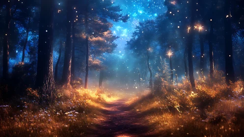 Enchanted Forest Path Glowing with Celestial Light.