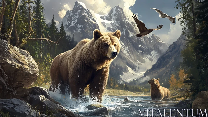 River-soaked grizzly patrols a cathedral of snow-clad peaks