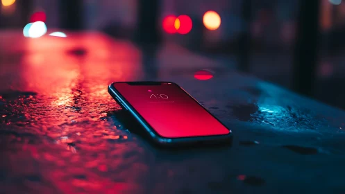 Smartphone glowing red on wet night street with city bokeh