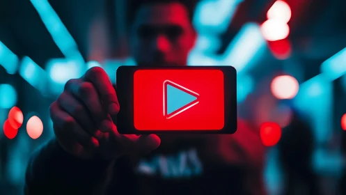 Mobile Device Displays Vibrant Play Button Icon.