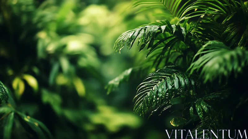 Rain-kissed jungle fronds whisper in soft emerald hush
