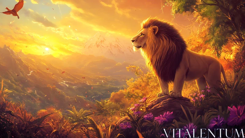 Majestic lion overlooks glowing sunset valley landscape.
