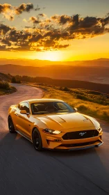 Golden sports car cruises through mountain sunset road.