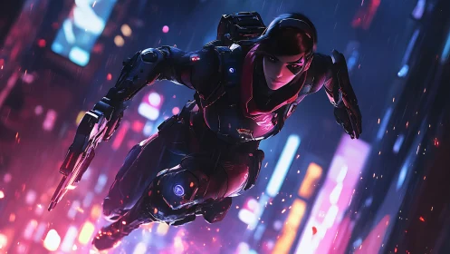 Cybernetic vigilante diving through neon city rainstorm.