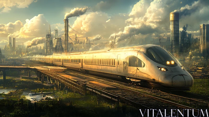 High speed train crosses decayed tracks in industrial fog