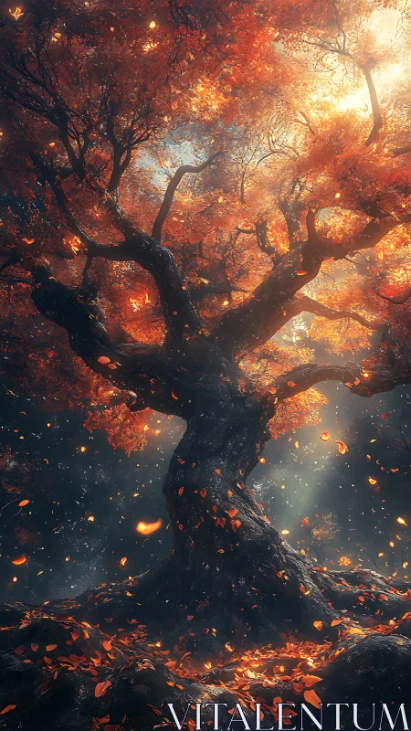 Ancient Tree Ablaze with Autumn's Golden Fire