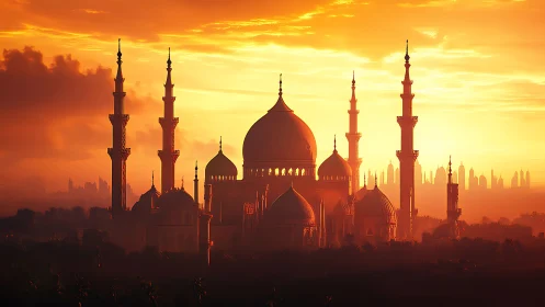 Golden sunset over grand mosque skyline with tall minarets.