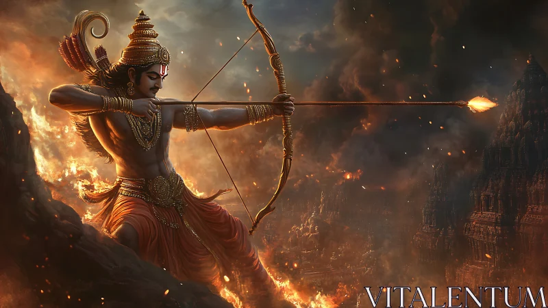 Divine archer unleashes flaming arrow over burning city.