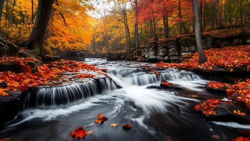Autumn forest stream flows through rocks under vivid foliage