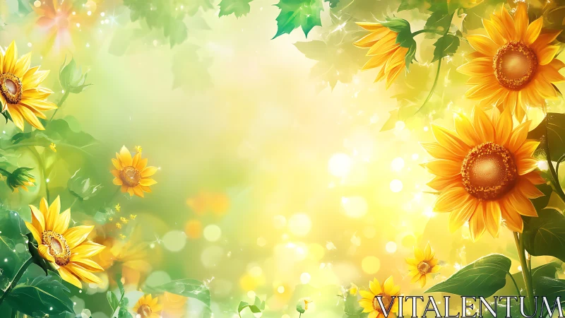 Digital illustration of sunflowers with bright bokeh field.