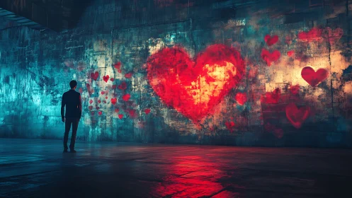 Man Confronts Neon Hearts Urban Wall.