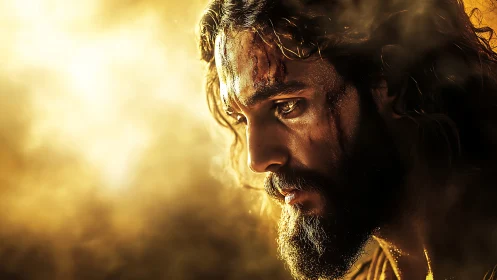Wounded bearded man gazes into golden light in solemn silence