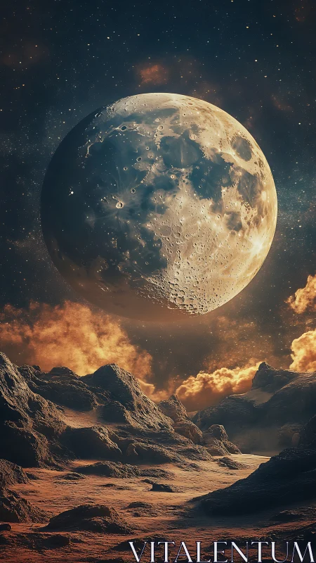 Large cratered moon over rugged rocky alien landscape.