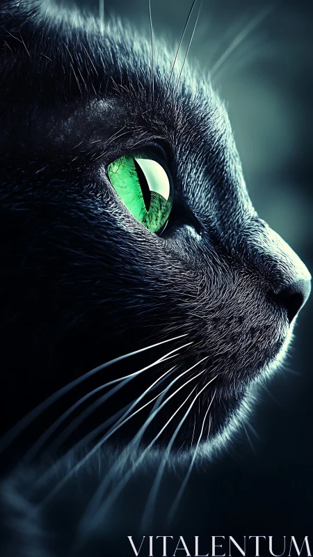 Piercing Green Eyes of a Black Cat in Shadow