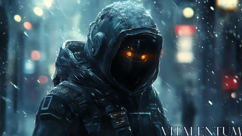 Cybernetic sentinel in hooded armor under neon snowfall.