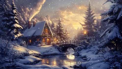 Snowglow cottage and starlit bridge in hush of winter dusk.