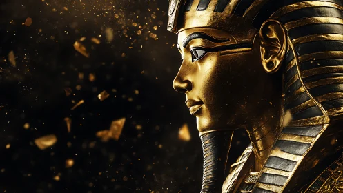Golden pharaoh gazes through swirling cosmic dust of time