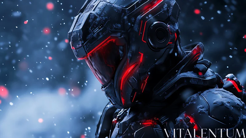 Armored cyber soldier stands in frozen storm lit by red neon