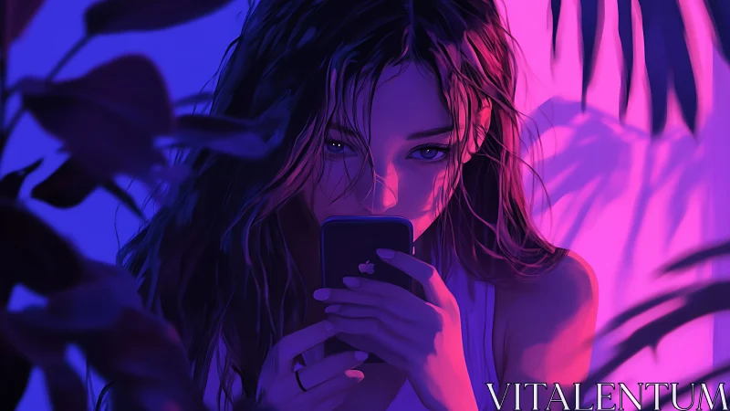 Neon-lit portrait with smartphone and cinematic rim lighting.