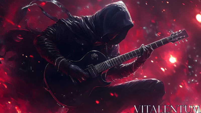 Hooded midnight guitarist ignites a crimson storm solo.