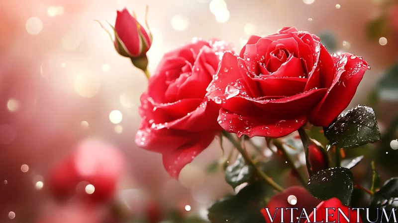 Crimson Roses with Dewdrops Against Soft Bokeh.