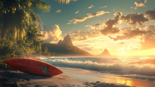 Sunlit tropical surf beach glows under golden sunset sky