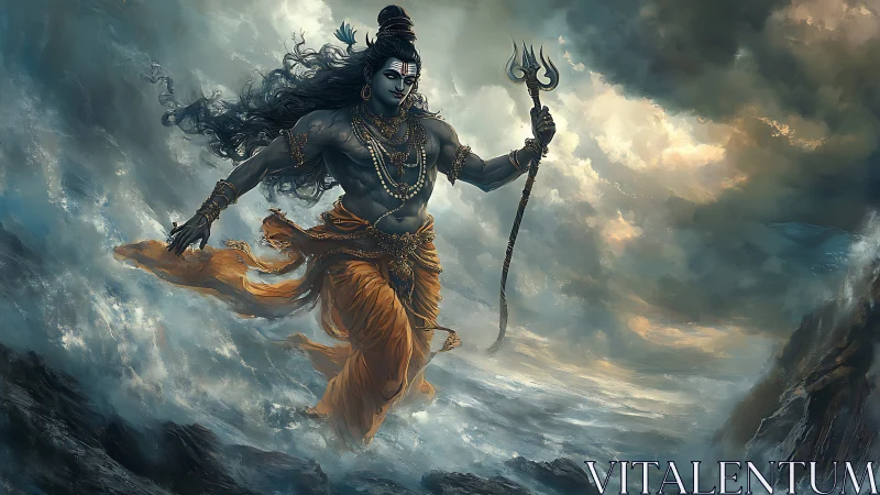 Stormy seascape with divine warrior holding trident.