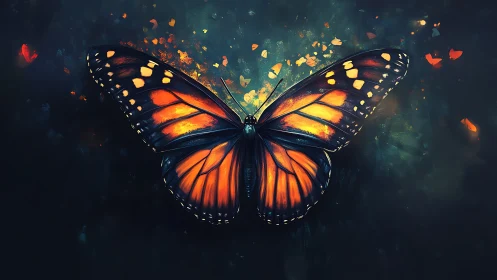 Orange monarch butterfly on dark abstract background.