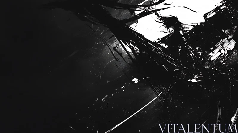 Shadowed figure cleaves darkness with violent ink strokes.