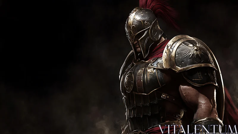 Armored Roman warrior stands in dramatic side lighting