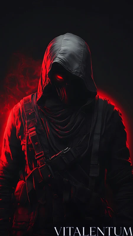 Hooded figure in tactical gear with red backlit silhouette.