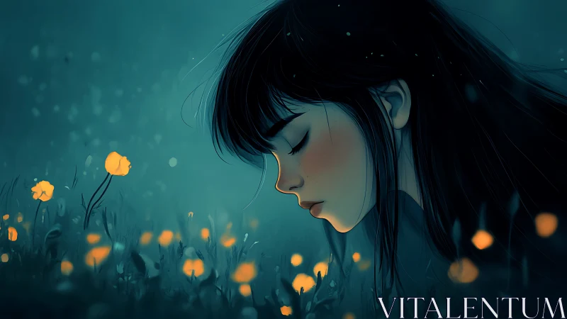 Side profile of girl above glowing flowers at night.