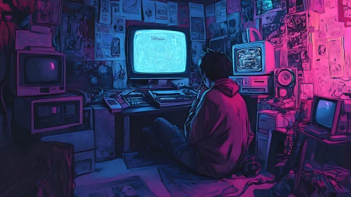 Retro hacker immersed in neon-lit underground workstation
