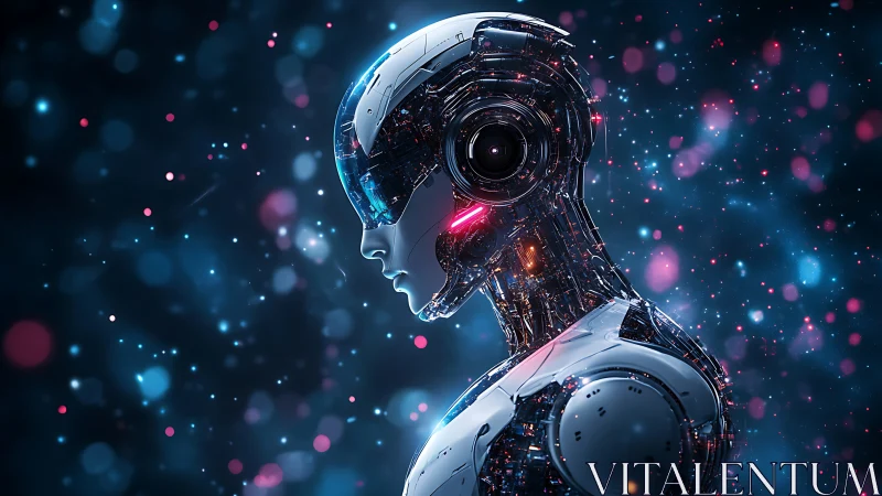 Cybernetic humanoid profile under neon particle field