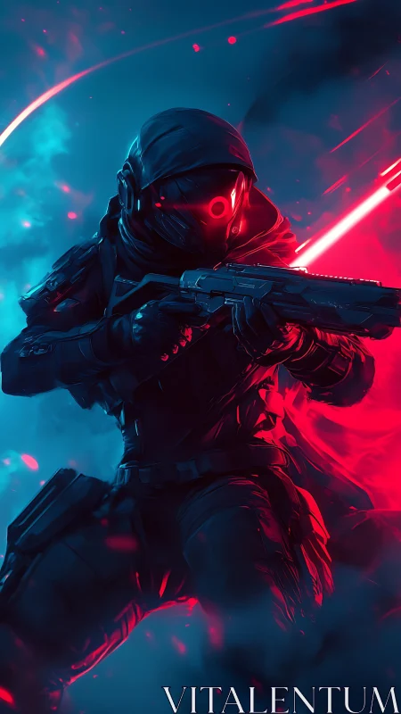 Neon void ranger stalks through cyan smoke and scarlet fire.