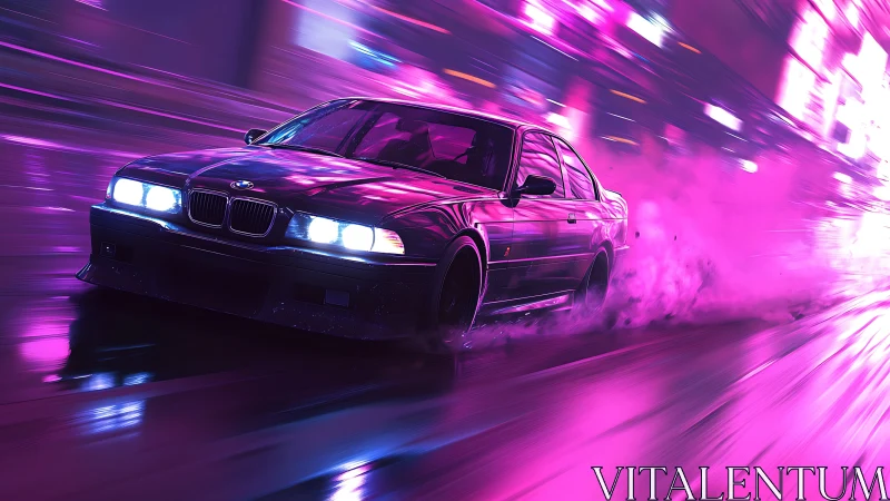 BMW sports car drifting through neon city streets.