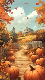 Pumpkin path winding toward a golden autumn farmhouse dream.