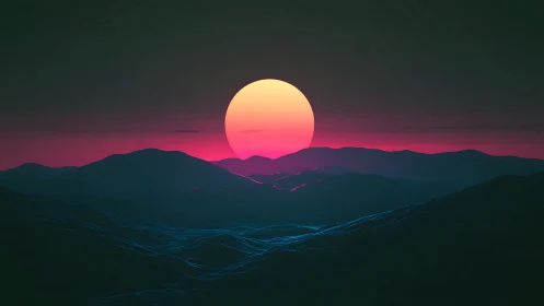 Neon sun over dark mountains in stylized digital landscape.