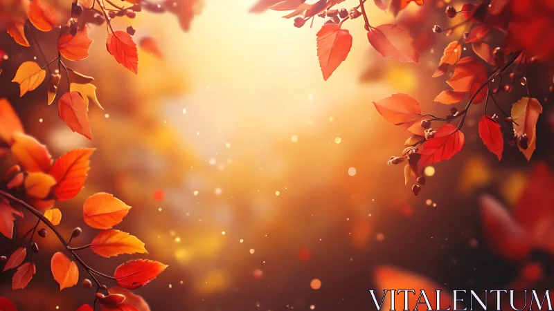 Autumn branches with red leaves against warm sunset glow.