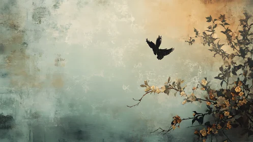 Silhouette bird in flight over floral branch on textured sky
