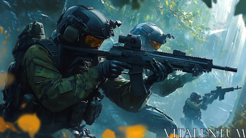 Tactical assault team advances through dense foliage with modular rifles