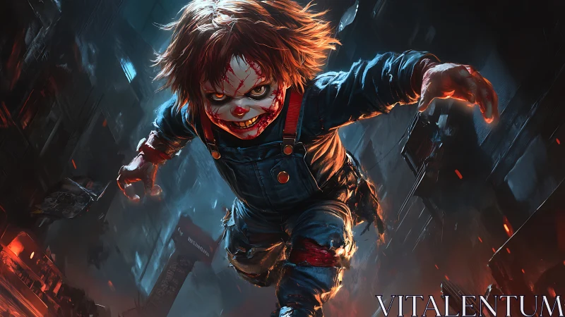 Sinister doll charging forward in burning urban alleyway.