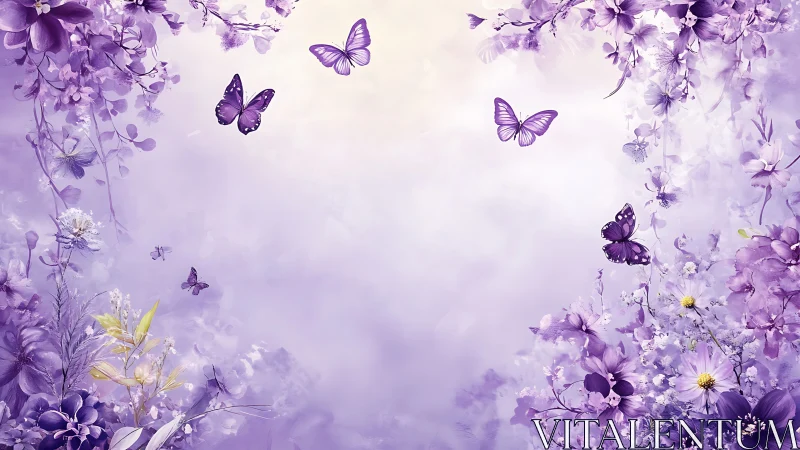 Purple floral composition with butterflies arranged across gradient background.