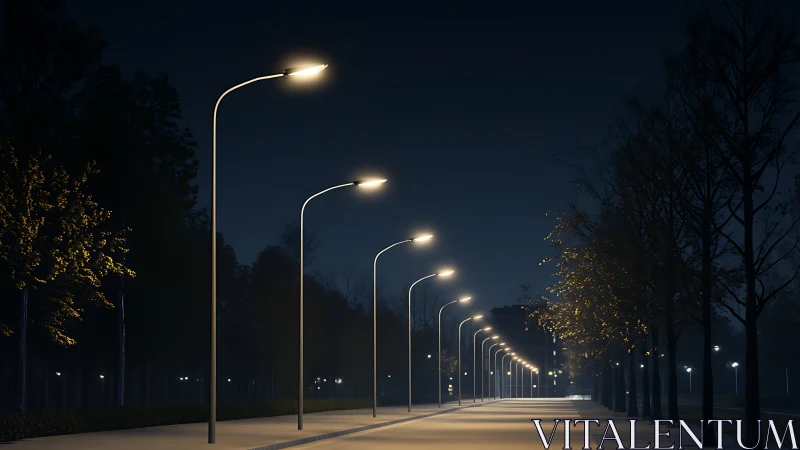 Nocturnal boulevard illuminated by rhythmic streetlights.