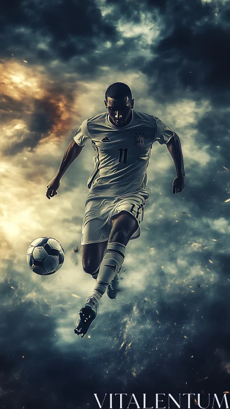 Dynamic soccer striker surges through storm-lit cosmic field
