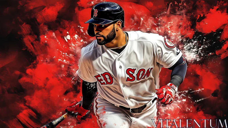 Baseball batter in white uniform on red abstract backdrop.