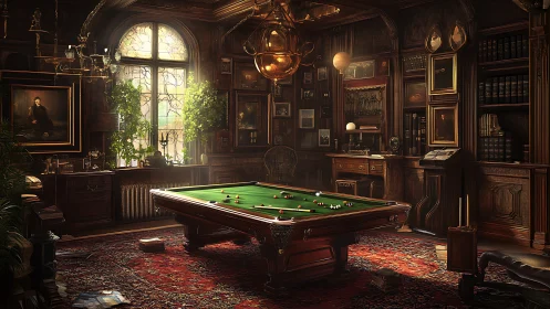 Victorian billiards library with atmospheric optical lighting.