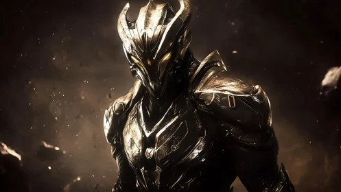 Armored alien warrior stands in molten cosmic debris