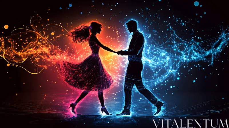 Silhouetted couple dances in contrasting red and blue light