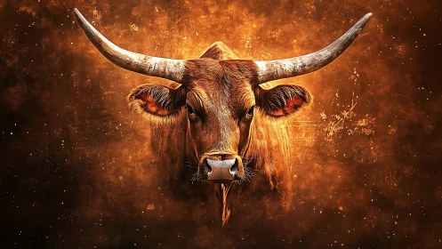 Longhorn bull emerges through blazing ember vortex.
